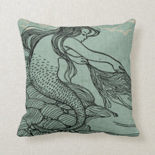 Mythical Young Mermaid Aqua Blue Sea Shore Scene Kissen