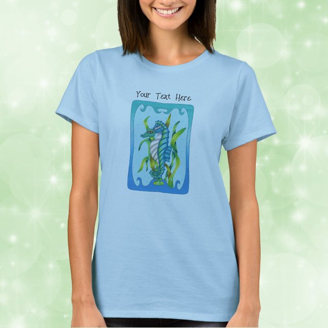 Mythische Aqua Blue Sea Dragon Wavy Blue Frame T-Shirt (Mythical aqua blue sea dragon horns green seaweed water bubbles in blue frame on woman's tee shirt.)