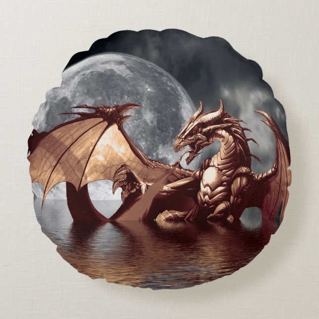 Mythische Fantasie von Dragon & Moon Rundes Kissen (Vorderseite)