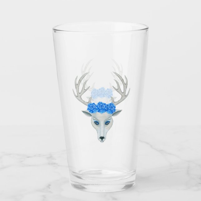 Mythische Weiße Hirschköpfe Antler Blaue Augen Ros Glas (Vorderseite)