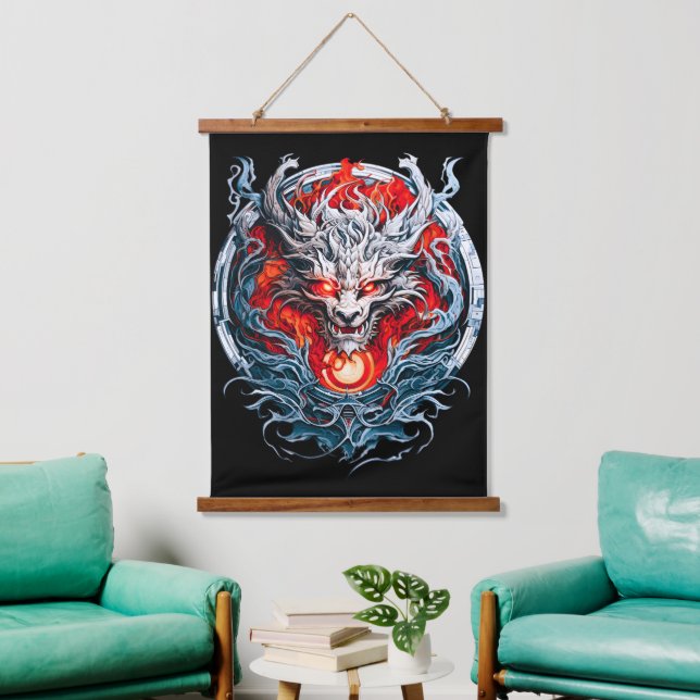 Mythischer Drachenkopf Wandteppich Mit Holzrahmen (Wohnzimmer)
