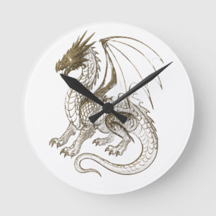 Mythischer Silver Dragon Vintag Fantasy Graphic Runde Wanduhr
