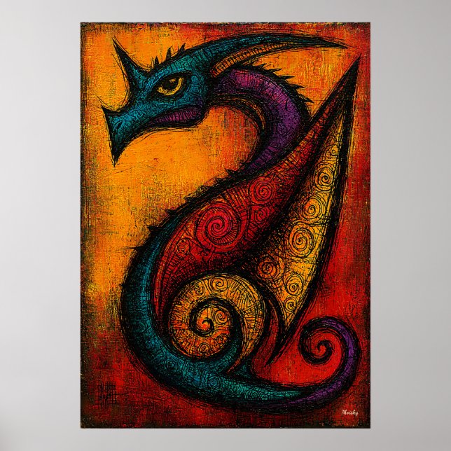 Mythisches Drachen-Poster in Farbflächen-Expressio Poster (Vorne)