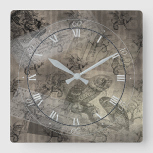 Mythisches Owl Halloween Ephemera Paper Pattern Quadratische Wanduhr