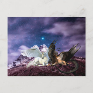 Mythology Dragon Griffin Unicorn Pegasus Postkarte
