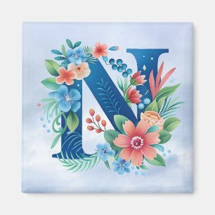 N blaues Monogramm mit Blume Magnet