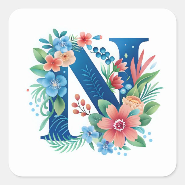 N blaues Monogramm mit Blume Quadratischer Aufkleber (Vorderseite)
