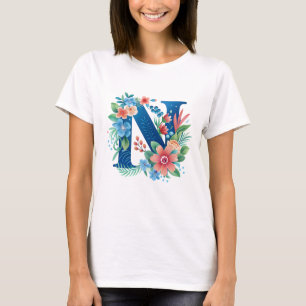 N blaues Monogramm mit Blume T-Shirt