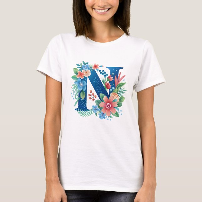 N blaues Monogramm mit Blume T-Shirt (Vorderseite)