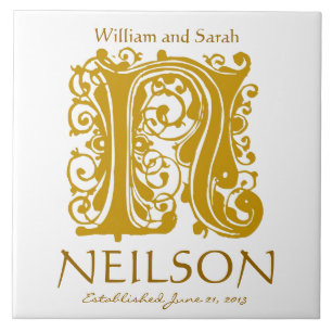 N Gold Monogram on White - Names Wedding Date Tile Fliese