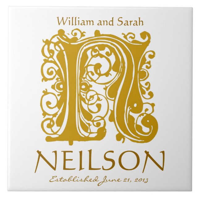 N Gold Monogram on White - Names Wedding Date Tile Fliese (Vorderseite)