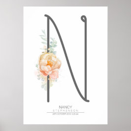 N Letter Monogram Blush Peach Floral Wohngestaltun Poster