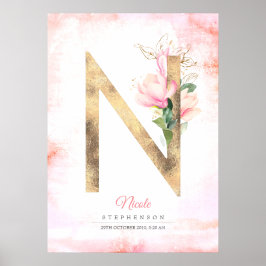 N Letter Monogram Gold Blätter Pink Magnolia Flora Poster