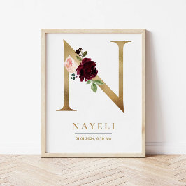N Letter Monogram Name Marsala Floral Kinderzimmer Poster