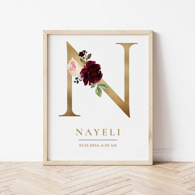 N Letter Monogram Name Marsala Floral Kinderzimmer Poster (Von Creator hochgeladen)
