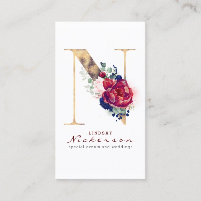 N Monogram Burgundy Gold und Navy Blue Floral Visitenkarte (Vorderseite)