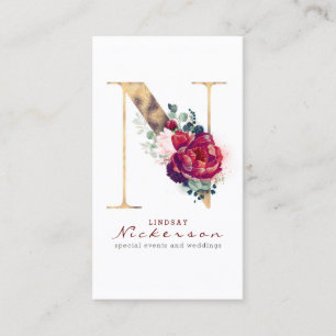 N Monogram Burgundy Red Blume und Gold Glitzer Visitenkarte