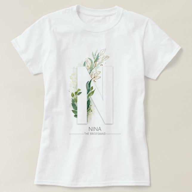 N Monogram Gold Greenery Blätter Elegant T-Shirt (Design vorne)