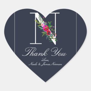 N Monogram Letzter Initialen Moderner Blauer Blume Herz-Aufkleber