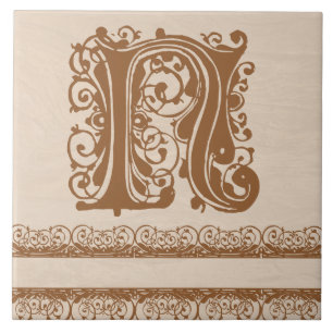 N Monogram, Light Brown Wood Texture Keramik Tile Fliese