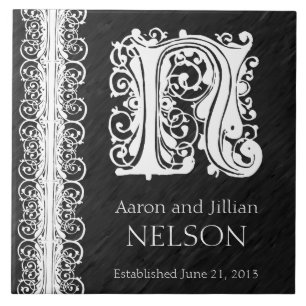 N Monogram "White Lace on Black" Hochzeitszange Fliese