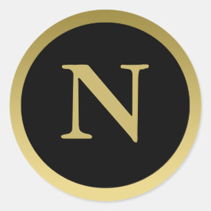N :: Monogramm N Elegantes Gold- und Schwarz-Klebe Runder Aufkleber