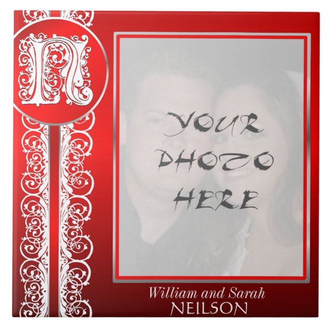 N Monogramm "Weißes Spitzen auf Rot" mit Foto - Ti Fliese (Vorderseite)