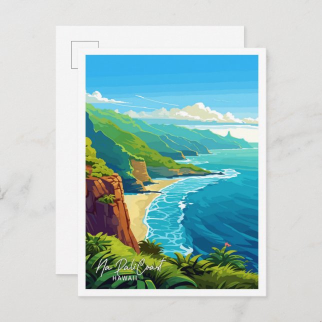 Na Pali Coast Hawaii Reisen Vintage Illustration Postkarte (Vorne/Hinten)
