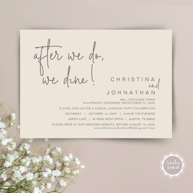 Nach dem Essen essen wir, Hochzeitsessen. Einladung (After We Do, We Dine, Wedding Elopement Dinner Invitation Card, PDF, Handwriting, Dark Grey Cream)