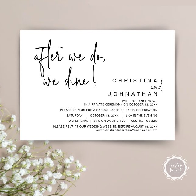 Nach dem Essen essen wir, Hochzeitsessen. Einladung (After We Do, We Dine, Wedding Elopement Dinner Invitation Card, PDF, Handwriting, Black and White)