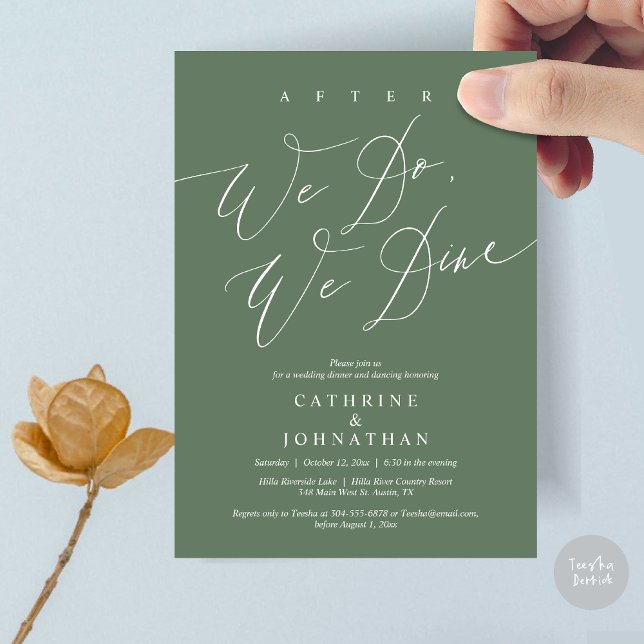 Nach dem Essen essen wir, Hochzeitsessen und Tanze Einladung (After we do, we dine, Modern Romance Wedding Dinner and Dancing Invitation Card, PDF, in Sage Green)