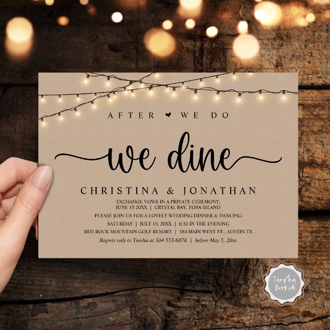 Nach dem Essen essen wir, rustikales Hochzeitsesse Einladung (After We Do, We Dine, Rustic Wedding Dinner Party Invitation Card, PDF, String Lights Brown Kraft)