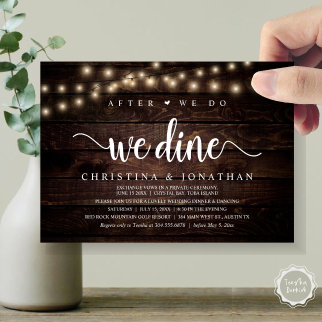 Nach dem Essen essen wir, rustikales Hochzeitsesse Einladung (After We Do, We Dine, Rustic Wedding Dinner Invitation card, pdf, in cottage dark wood)