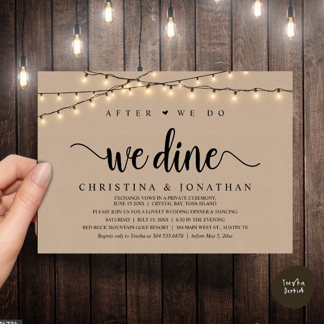 Nach dem Essen essen wir, rustikales Hochzeitsesse Einladung (After We Do, We Dine, Rustic Wedding Dinner Invitation Card, PDF, String Lights Brown Kraft)