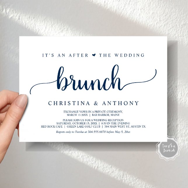 Nach dem Hochzeitsbrunch, rustikale Einladung (After The Wedding Brunch, Elopement Invitation Card, Rustic Script in Navy Blue.)