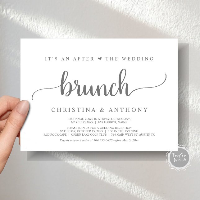 Nach dem Hochzeitsbrunch, rustikale Einladung (After The Wedding Brunch, Elopement Invitation Card, Rustic Script in Dark Grey.)
