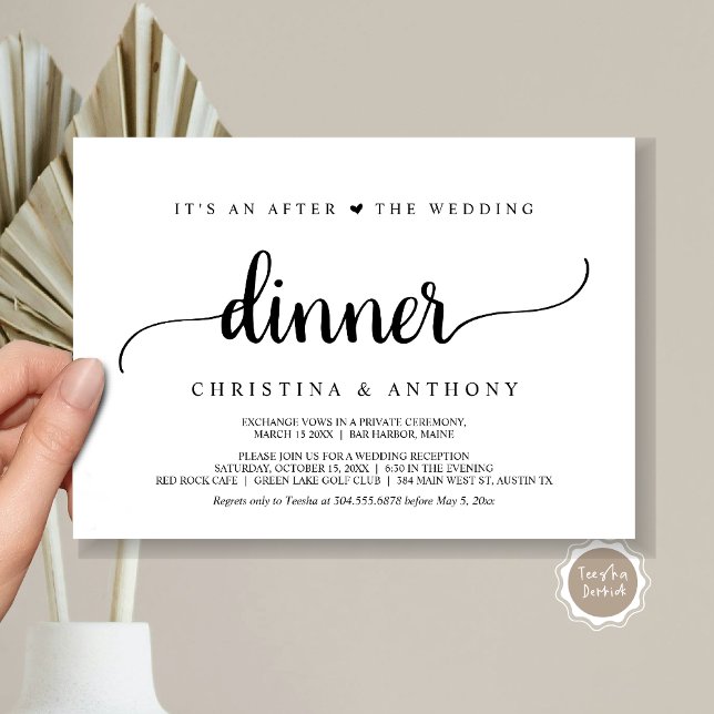 Nach dem Hochzeitsessen, rustikale Entspannung Einladung (It's An After The Wedding Dinner, Elopement Invitation Card, Modern Rustic Script in Black & White.)