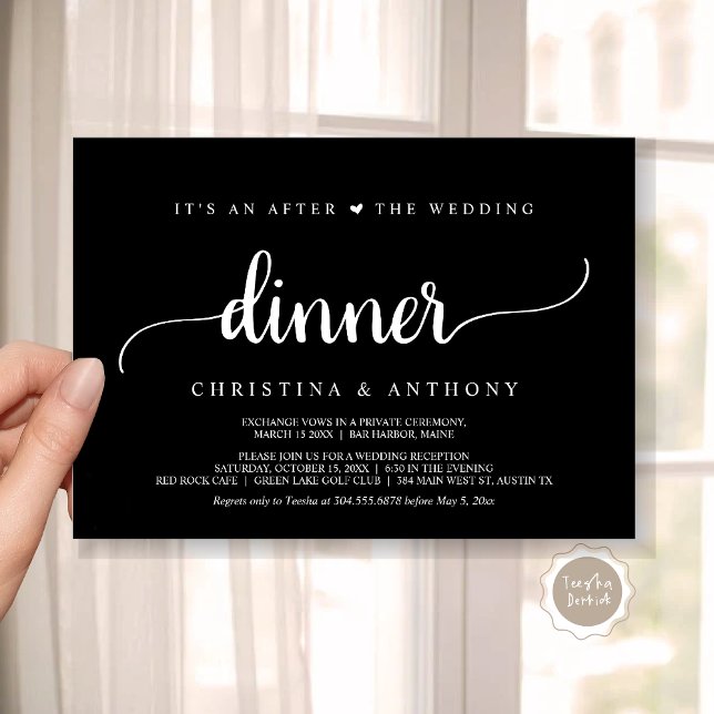 Nach dem Hochzeitsessen, rustikale Entspannung Einladung (It's An After The Wedding Dinner, Elopement Invitation Card, Modern Rustic Script in Classy Black.)