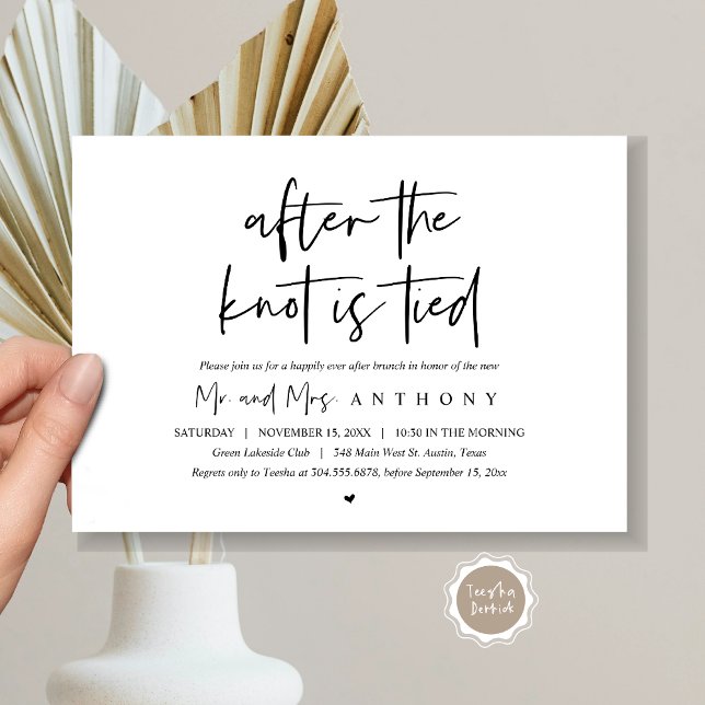 Nach dem Knoten gebunden, glücklich immer nach Bru Einladung (After The Knot Is Tied, Post Wedding Brunch Invitation Card, PDF, Modern Script, Black and White)