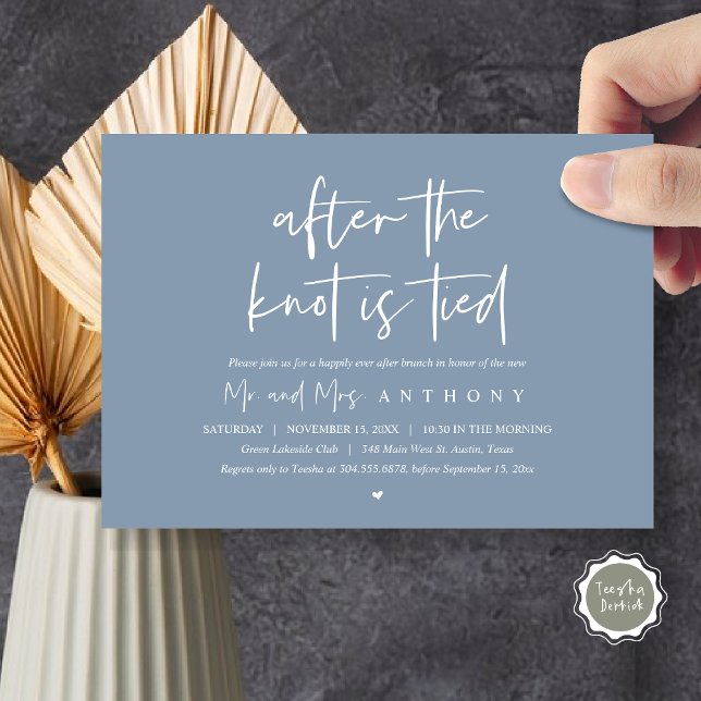 Nach dem Knoten gebunden, glücklich immer nach Bru Einladung (After The Knot Is Tied, Post Wedding Brunch Invitation Card, PDF, Modern Script, Dusty Blue)