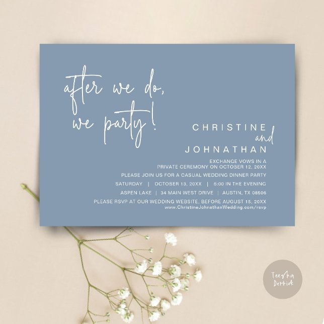 Nach dem Party, Hochzeitsessen, duftendes Blau Einladung (After We Do, We Party, Modern Romantic Wedding Dinner Invitation Card, PDF, in Dusty Blue)