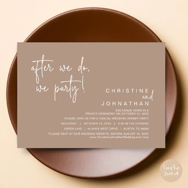 Nach dem wir tun, wir Party, Hochzeitsessen, warme Einladung (After We Do, We Party, Modern Romantic Wedding Dinner Invitation Card, PDF, in Warm Taupe brown)