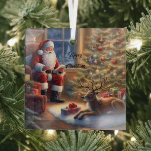 Nach der Arbeit - der Weihnachtsmann und seine Ren Ornament Aus Glas