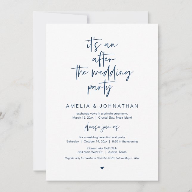 Nach der Hochzeit, Navy Blue, Elopement Party Einladung (Vorderseite)