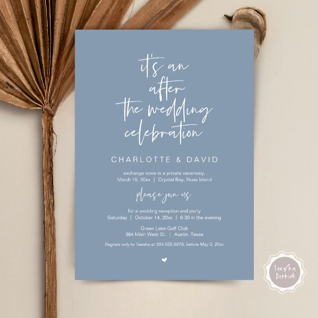 Nach der Hochzeit, Navy Blue, Elopement Party Einladung (Its an after the wedding celebration, Elopement Dinner Party Invitation Card, PDF, in dusty blue)