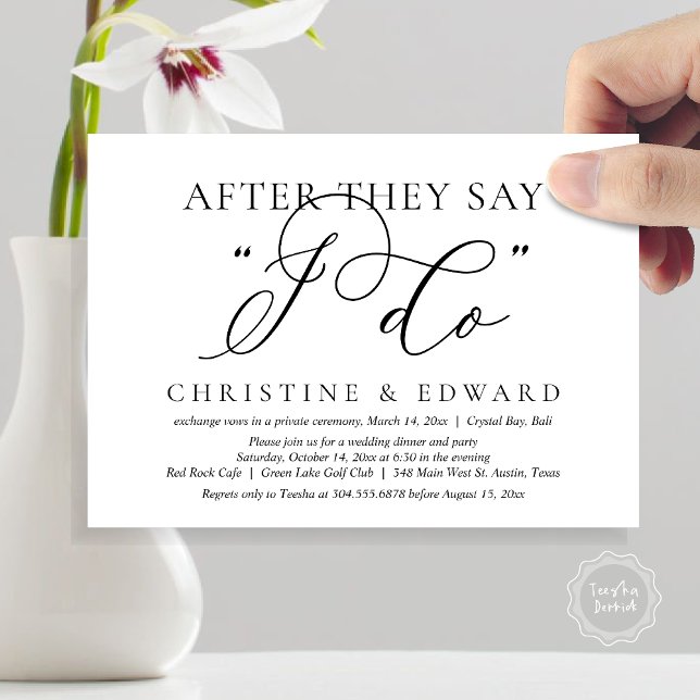 Nachdem sie sagen, ich tue es, Hochzeit Elopement  Einladung (After They Say I Do, Wedding Elopement Dinner Invitation Card, PDF, Romantic, in Black and White)