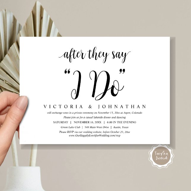 Nachdem sie sagen, ich tue es, Hochzeit Elopement  Einladung (After They Say I DO, Wedding Elopement Dinner, Brunch, Lunch Invitation Card, PDF, Black and White)
