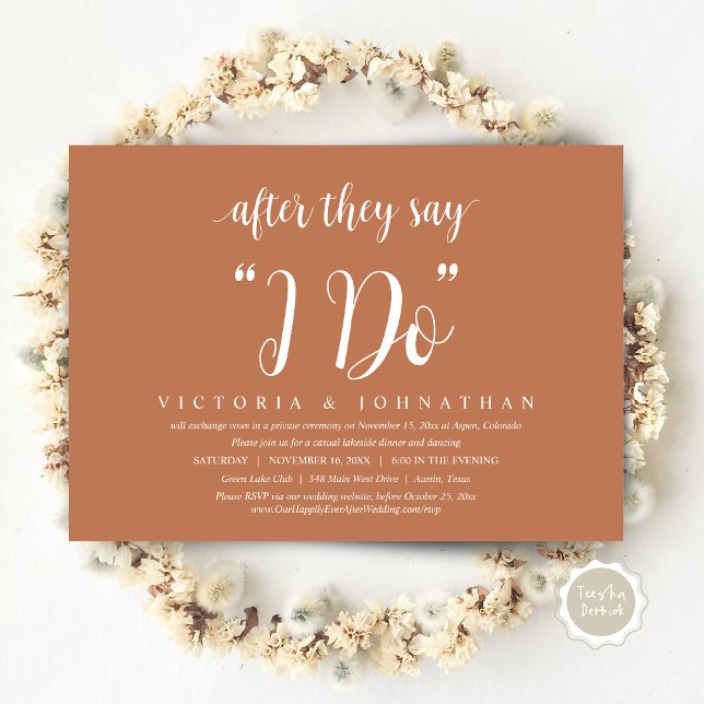 Nachdem sie sagen, ich tue, Hochzeit Elopement Din Einladung (After They Say I DO, Wedding Elopement Dinner Invitation Card, PDF, Modern Rustic, in Copper Rust)