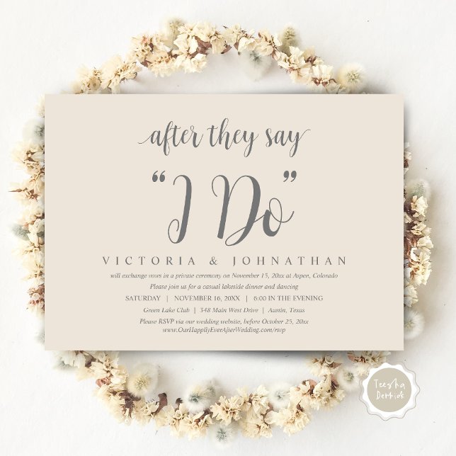 Nachdem sie sagen, ich tue, Hochzeit Elopement Din Einladung (After They Say I DO, Wedding Elopement Dinner Invitation Card, PDF, Modern Rustic, Grey Cream)