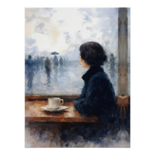 Nachdenkliche Frau Regnerisches Caféfenster Aquare Poster